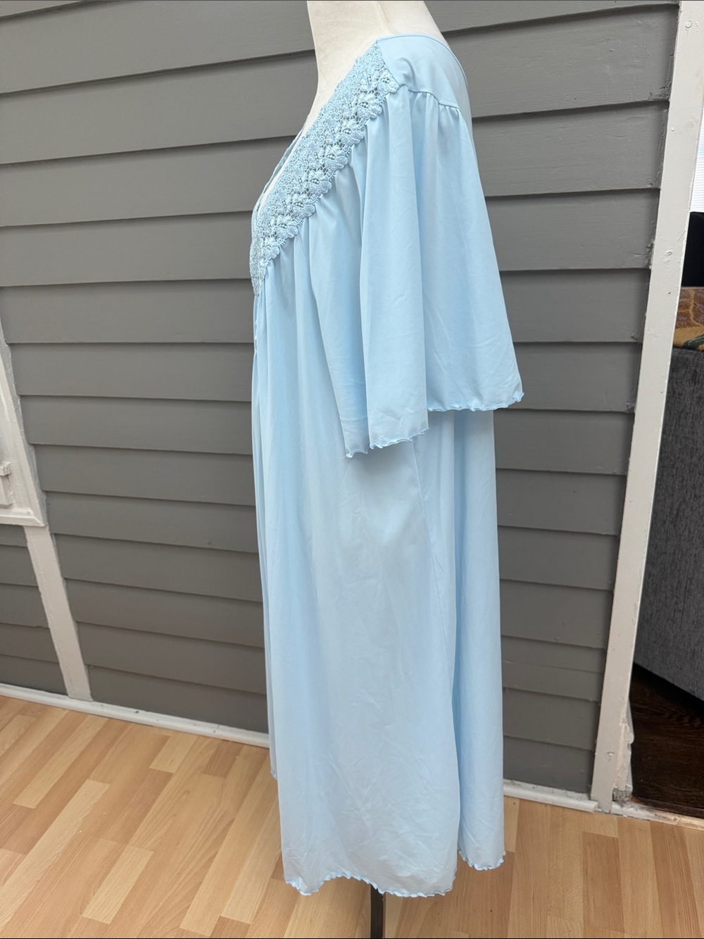 Shadowline Beloved Flutter Sleeve Light Blue Lace Babydoll Nylon Nightgown 3X - Picture 3 of 8